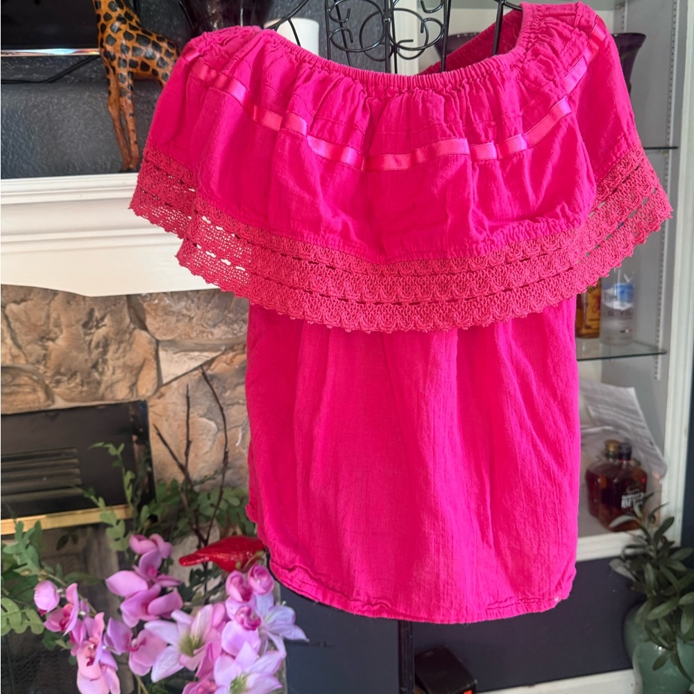 Vibrant Pink Ruffled Off-Shoulder Blouse - Picture 3 of 3